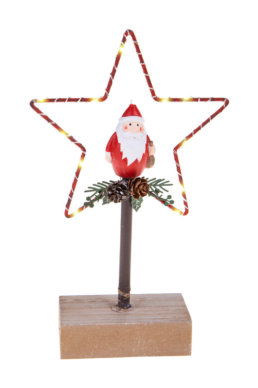 Set 2 Stella Babbo Natale con Led 22 cm in Metallo e Legno Rosso