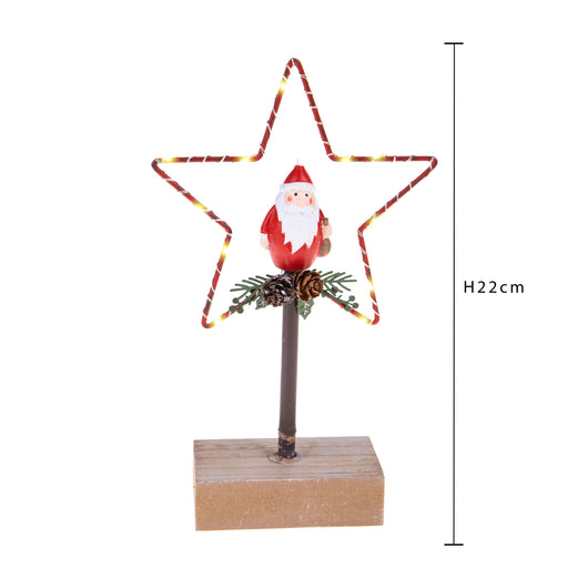 Set 2 Stella Babbo Natale con Led 22 cm in Metallo e Legno Rosso