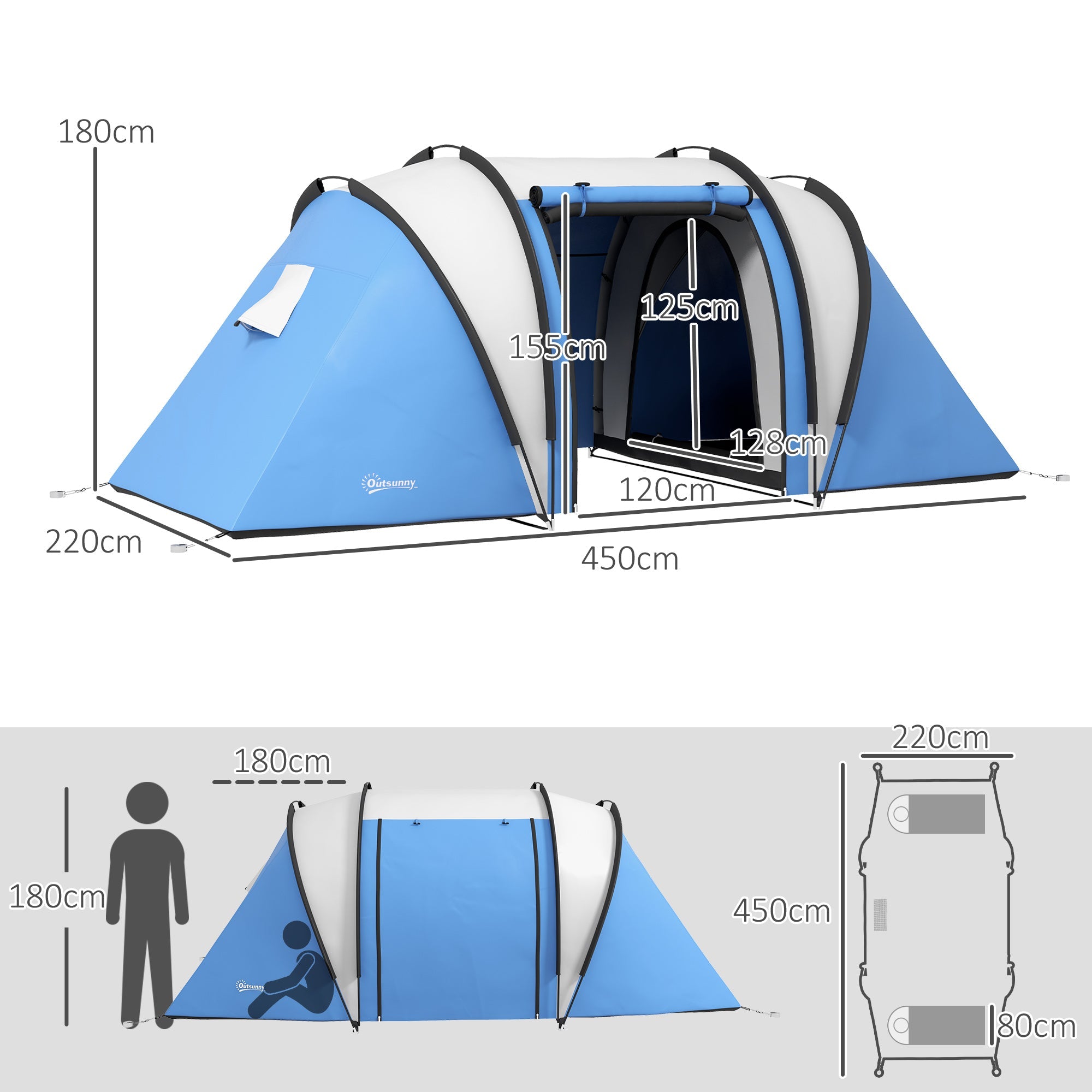 Tenda da Campeggio 2 Posti Impermeabile con 2 Stanze Borsa di Trasporto 220x450x180 cm in Poliestere Blu