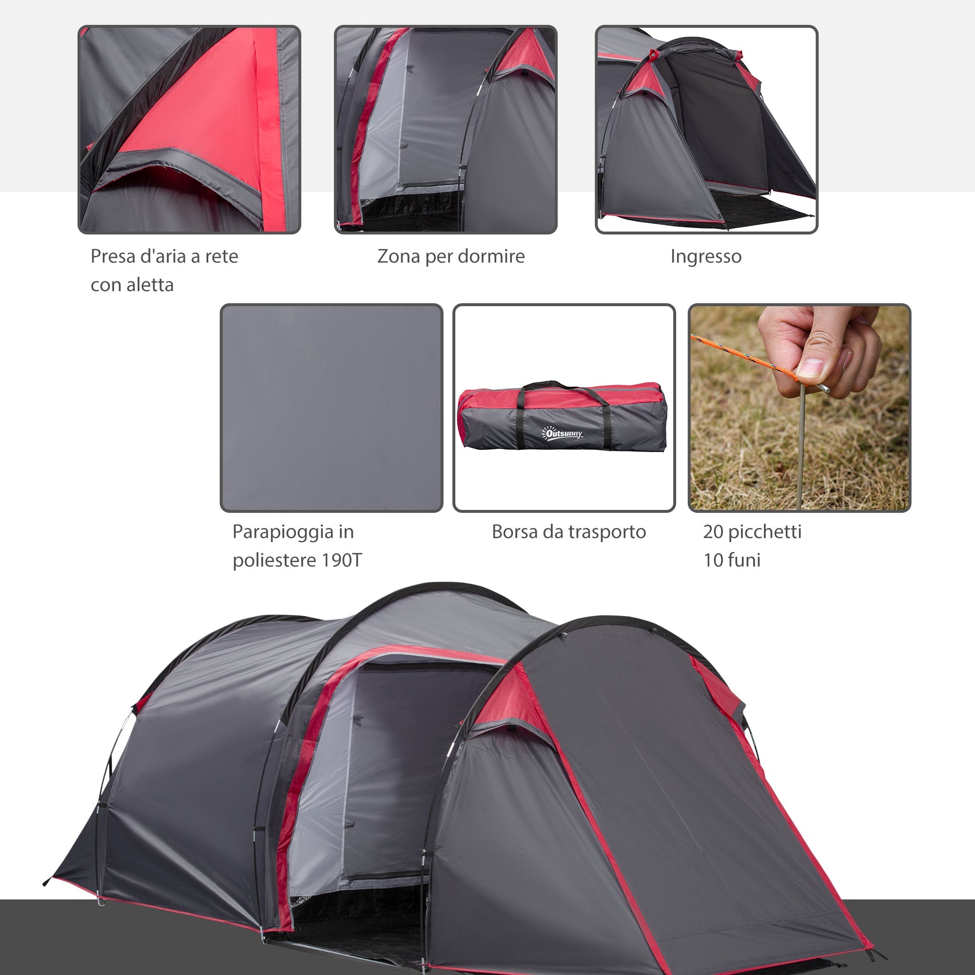 Tenda da Campeggio 2 Posti 426x206x154 cm con Vestibolo e Porte con Cerniera Grigio