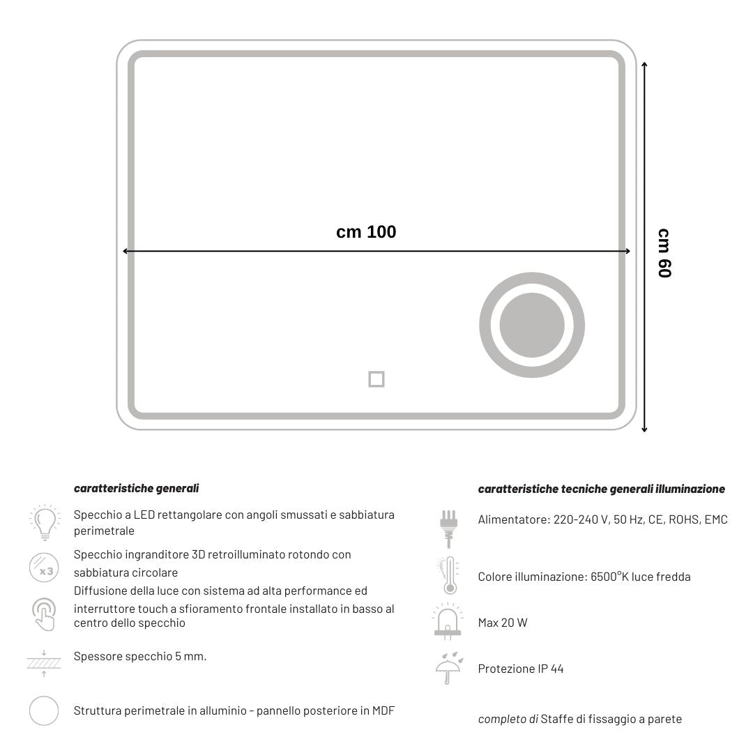 Ogomondo specchio 5mm rettangolare smussato cornice led interruttore touch lente *** misure 100x60 cm, tonalità stan...