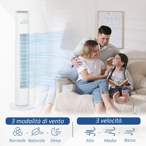 Ventilatore a Torre 45W a 3 Modalità e 3 Velocità con Timer da 10h Ø22 x 77A cm in ABS Bianco