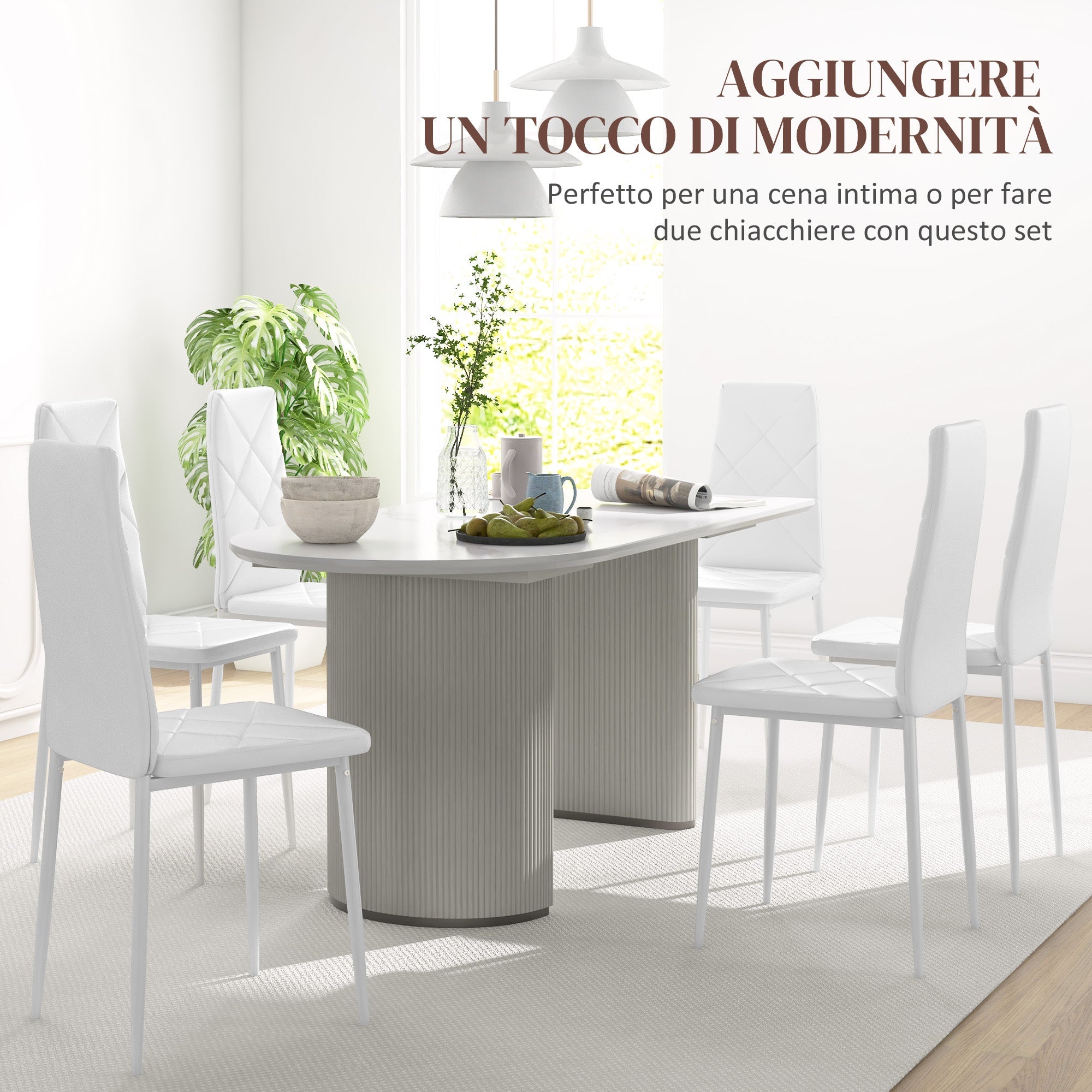 Set 6 Sedie da Pranzo Moderne Schienale Alto Cuciture a Diamante 41x50x97 cm Bianco