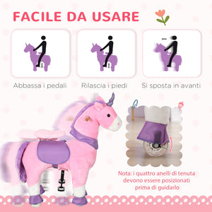 Cavallo a Dondolo per Bambini 70x32x87 cm con Ruote a Forma di Unicorno Rosa