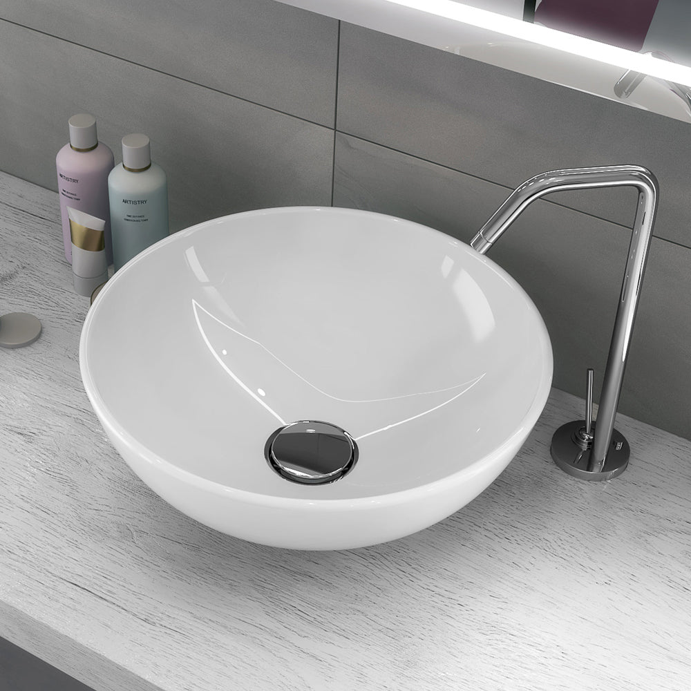 Lavabo da appoggio ceramica bianco tondo lavandino lavello arredo 41,5x41,5x13,5 cm *** finitura- lucido, confezione 1