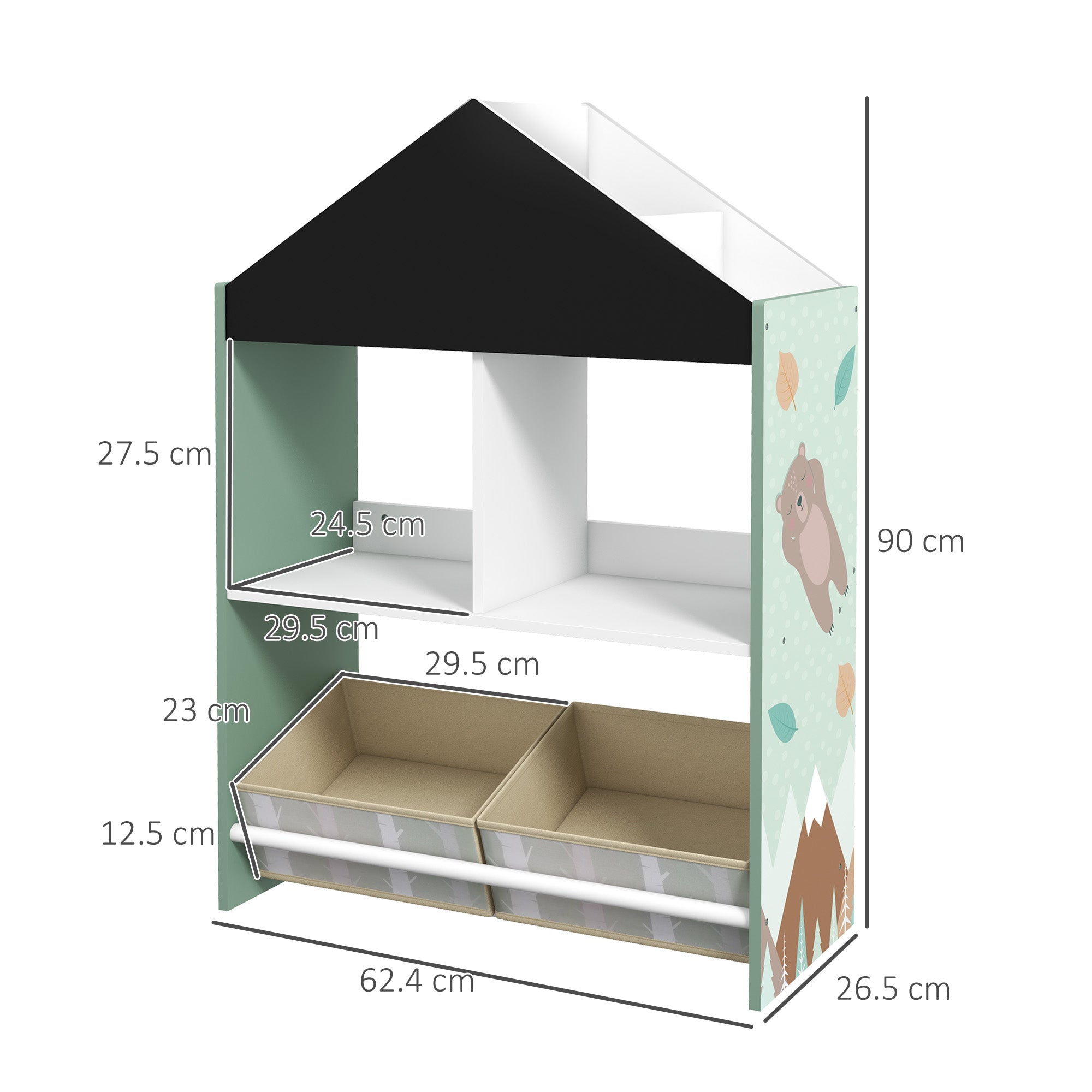 Scaffale Portagiochi per Bambini 62,4x26,5x90 cm con Ripiani e Cassetti Rimovibili Verde