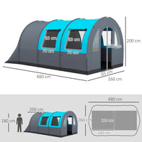 Tenda da Campeggio 5 Posti Impermeabile con Zona Notte e Giorno 480x260x200 cm in Poliestere Grigio e Blu