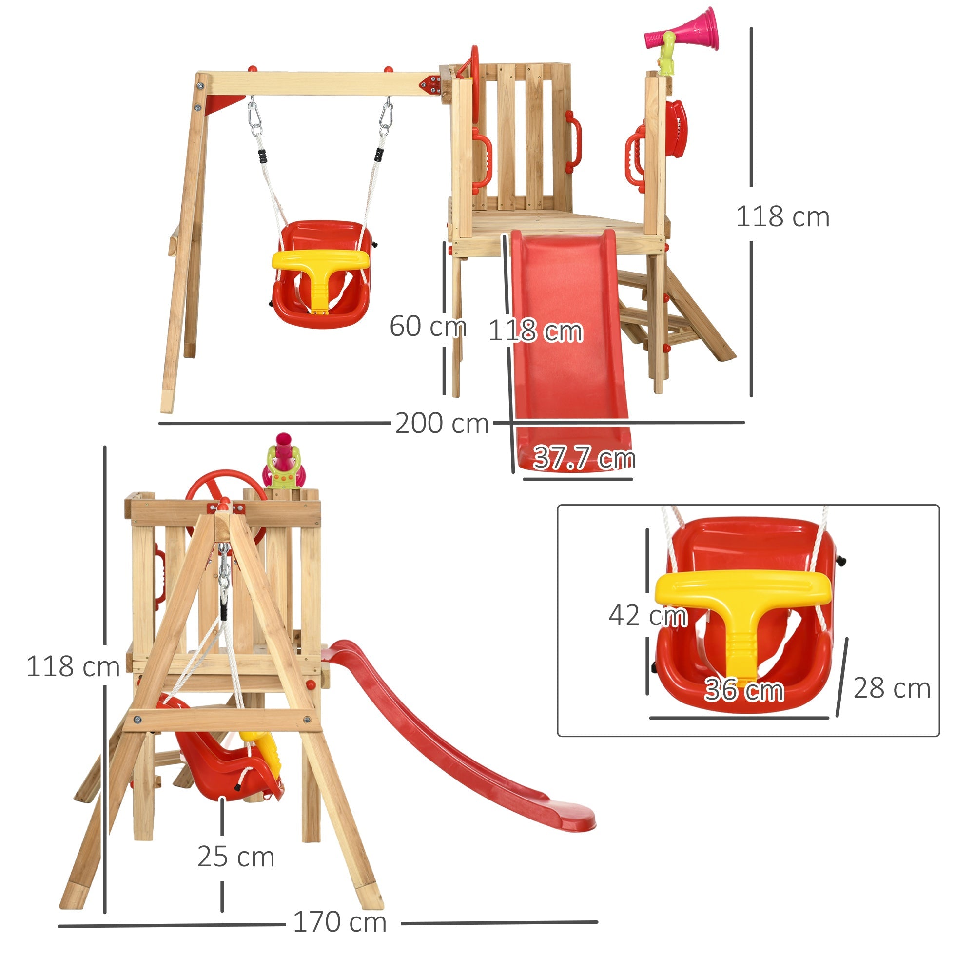 Set con Scivolo e Altalena da Giardino per Bambini 170x200x118 cm in Legno e Plastica Rosso