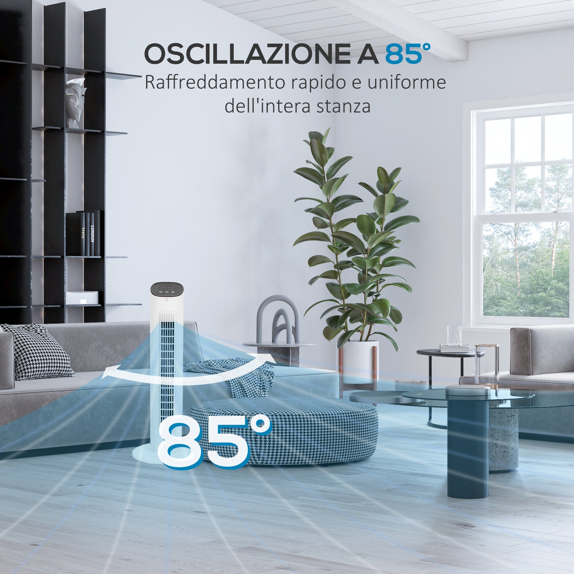 Ventilatore a Colonna con Telecomando e 3 Velocità Ø30x78 cm Oscillazione e Modalità Notte in ABS Bianco