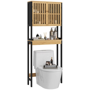 Mobile Sopra WC con Armadietto 2 Ante a Doghe e Ripiano Aperto 60x21,5x172 cm in Bambù e MDF Legno Naturale e Nero