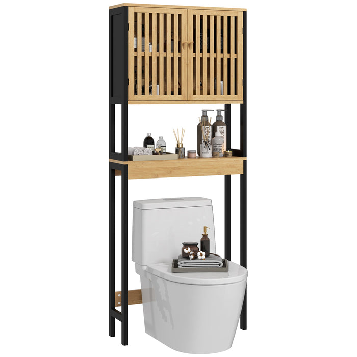 Mobile Sopra WC con Armadietto 2 Ante a Doghe e Ripiano Aperto 60x21,5x172 cm in Bambù e MDF Legno Naturale e Nero