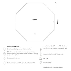 Ogomondo specchio 5 mm ottagonale retroilluminato a filo led interruttore touch *** misure 60x60 cm, tonalità standa...