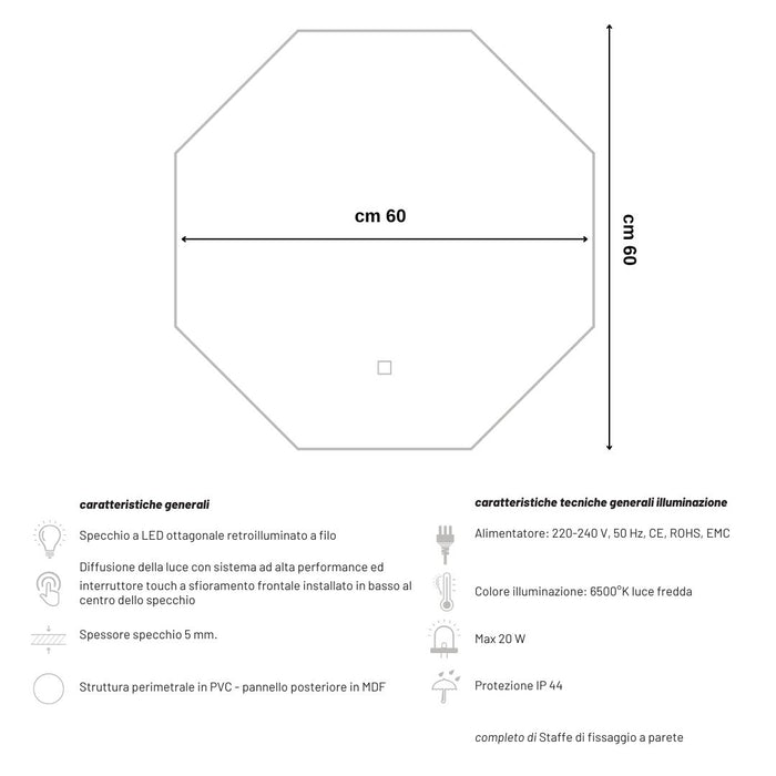 Ogomondo specchio 5 mm ottagonale retroilluminato a filo led interruttore touch *** misure 60x60 cm, tonalità standa...