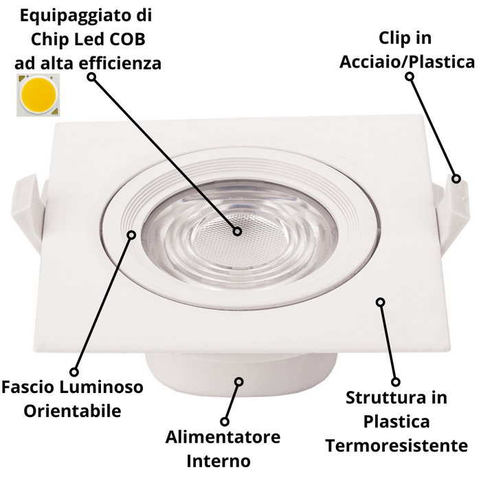 Faretto led incasso orientabile quadro soffitto 10watt driver incluso temperatura 6000k bianco freddo