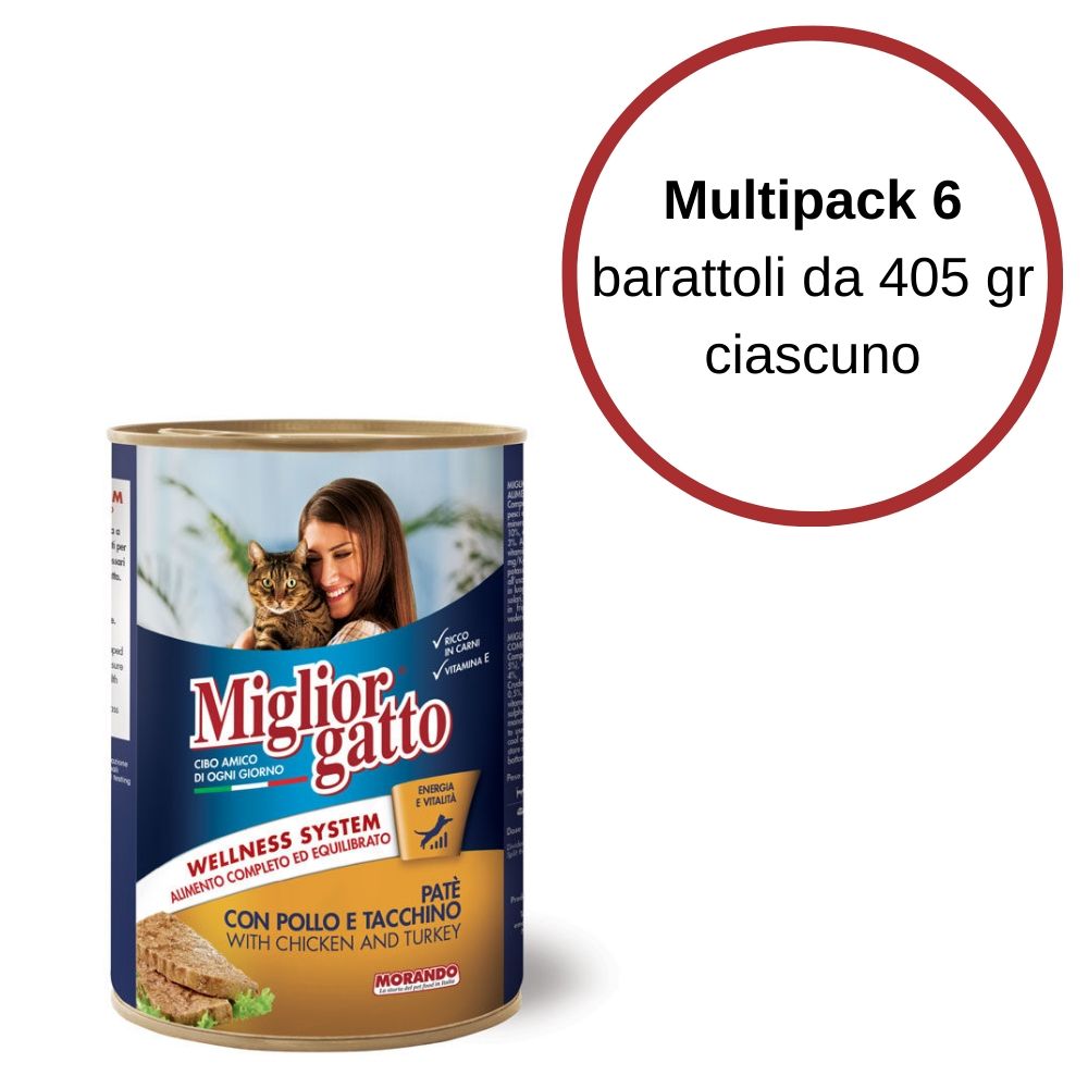 Multipack da 6 barattoli di miglior gatto bocconcini pate' con pollo e tacchino 405 gr ciascuno