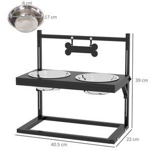 Portaciotole per Cani Rialzata con Altezza Regolabile 40,5x22x39 cm 2 Ciotole in Acciaio da 900ml Nero