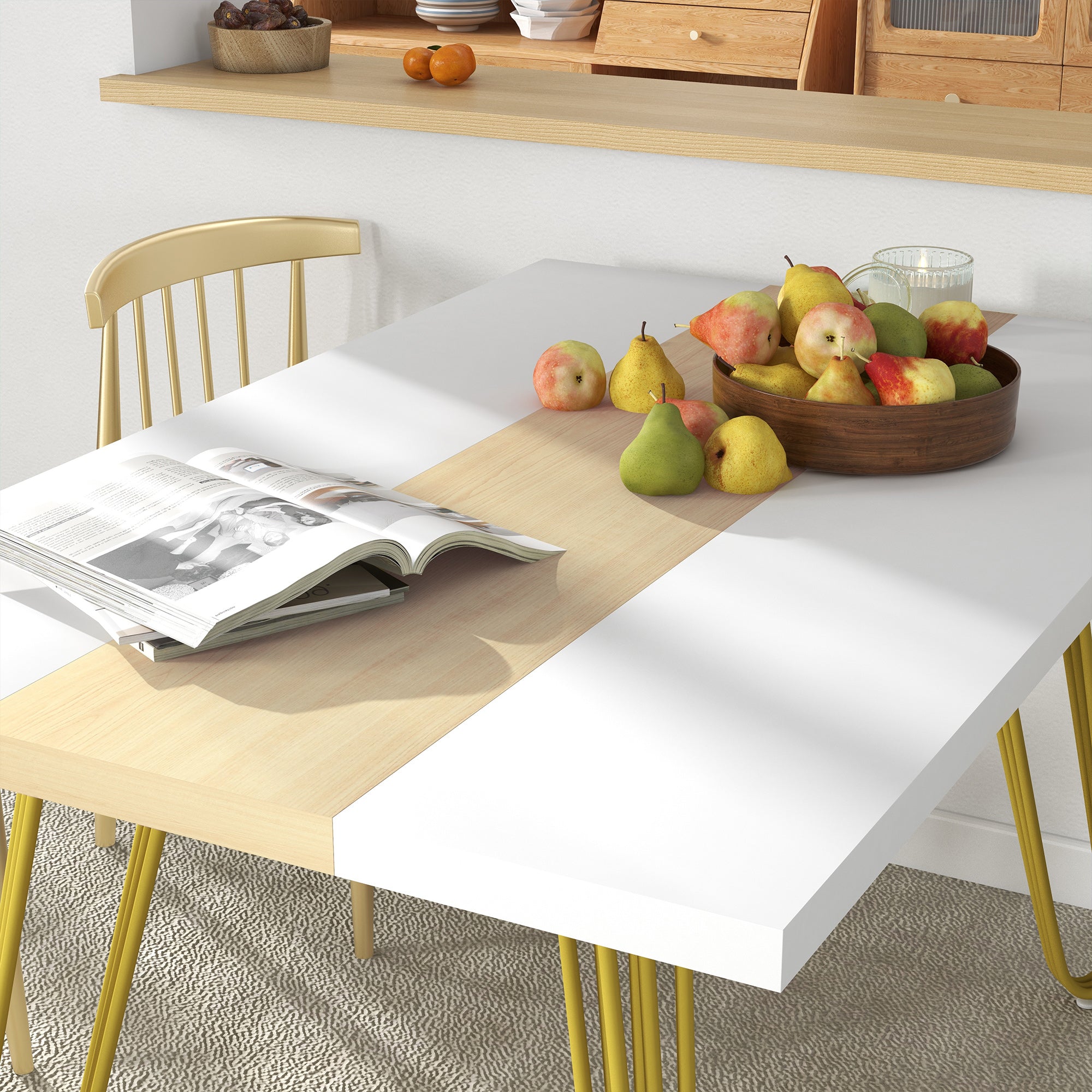 Tavolo da Cucina e Soggiorno per 6 Persone Max con Gambe a Forcina 140x89x75,5 cm in MDF e Acciaio Bianco Rovere e Oro