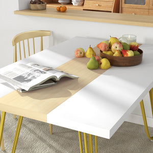 Tavolo da Cucina e Soggiorno per 6 Persone Max con Gambe a Forcina 140x89x75,5 cm in MDF e Acciaio Bianco Rovere e Oro