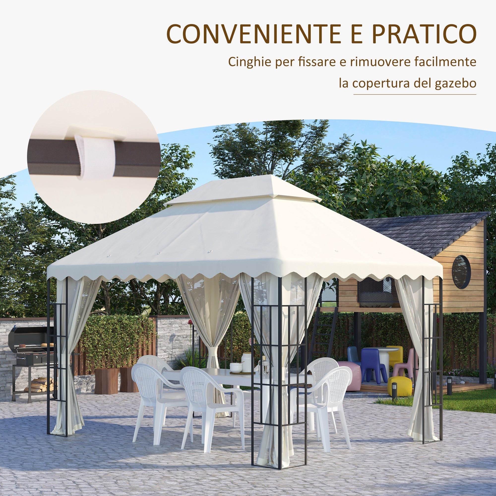 Tetto per Gazebo 4x3 m a 2 Livelli in Poliestere con 10 Fori di Drenaggio 395x297 cm in Poliestere Crema