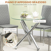 Set da Pranzo Tavolo Rotondo in Vetro e 4 Sedie in Similpelle Grigio