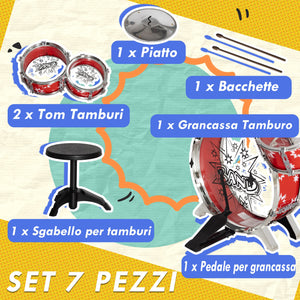 Batteria Musicale Giocattolo per Bambini Grancassa 2 Tamburi e Piatti con Bacchette e Sgabello Rosso