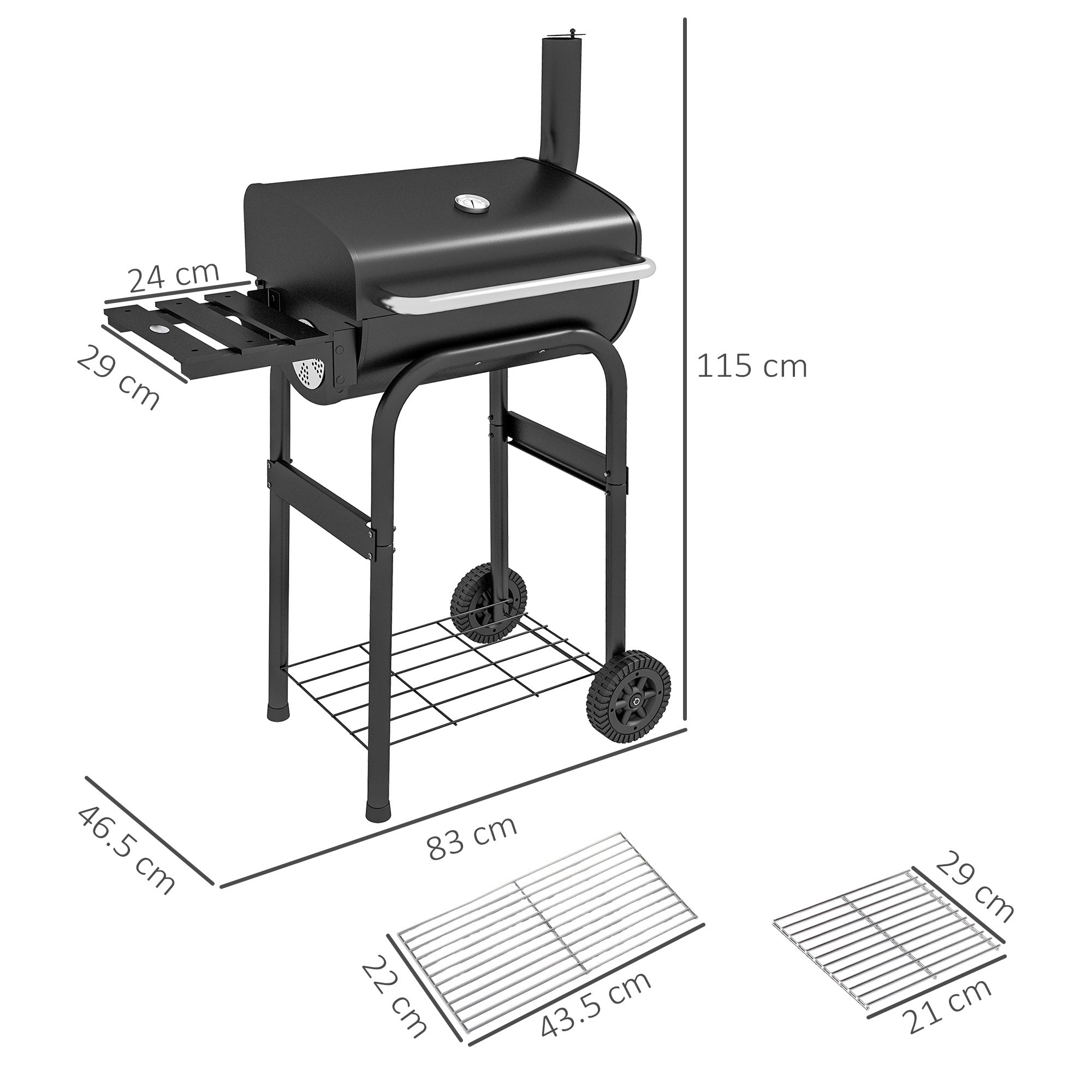 Barbecue a Carbone con Coperchio Termometro e Camino 83x46,5x115 cm in Metallo Nero