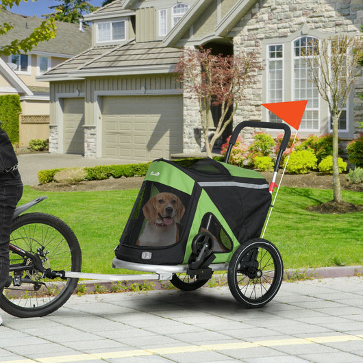 Carrello Rimorchio per Cani da Bicicletta 2 in 1 Pieghevole con Catarifrangenti e Bandierina Verde