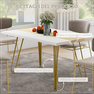 Tavolo da Cucina e Soggiorno per 6 Persone Max con Gambe a Forcina 140x89x75,5 cm in MDF e Acciaio Bianco Rovere e Oro