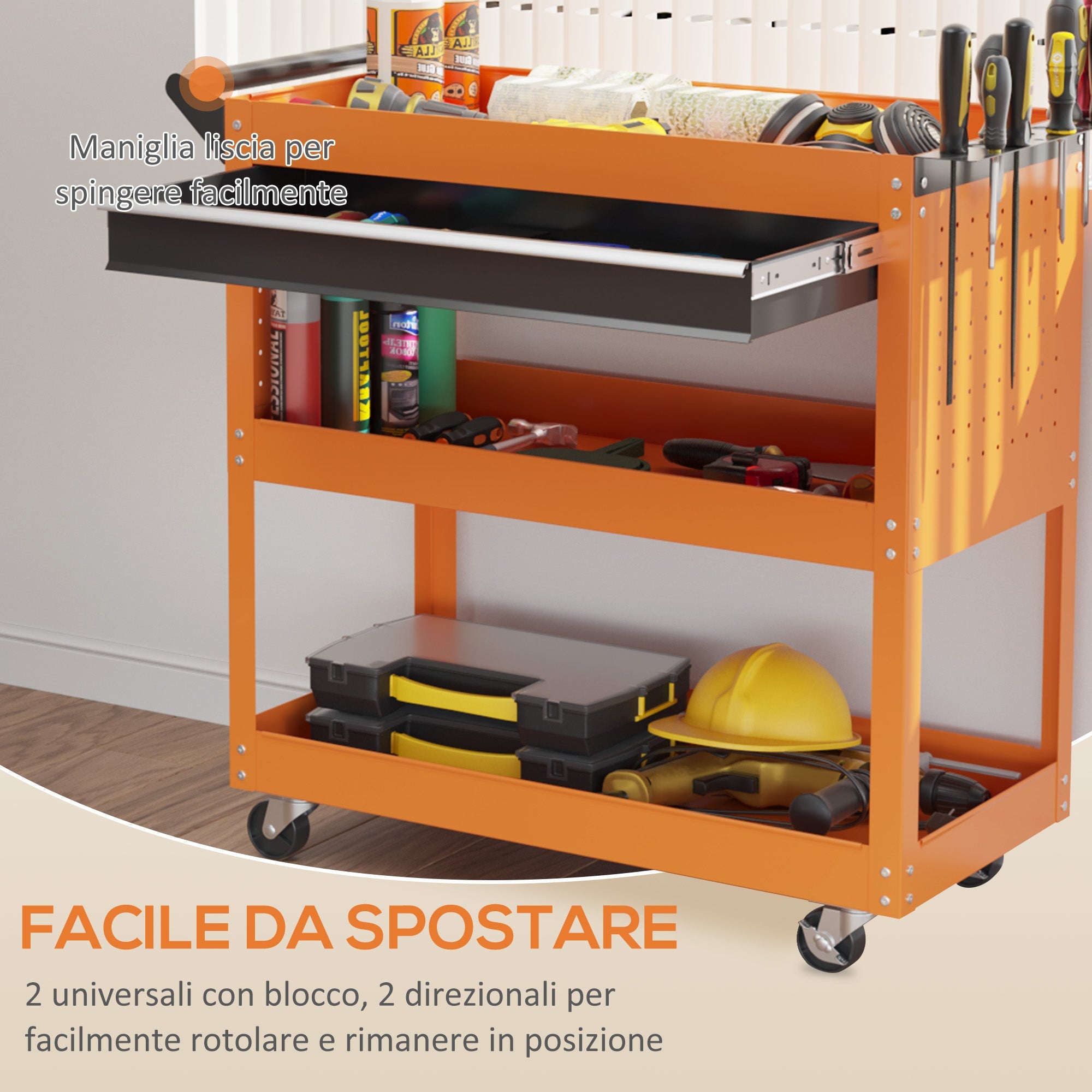 Carrello Porta Attrezzi con Manico Laterale 3 Ripiani e Cassetto 82x35x76 cm in Acciaio Arancione