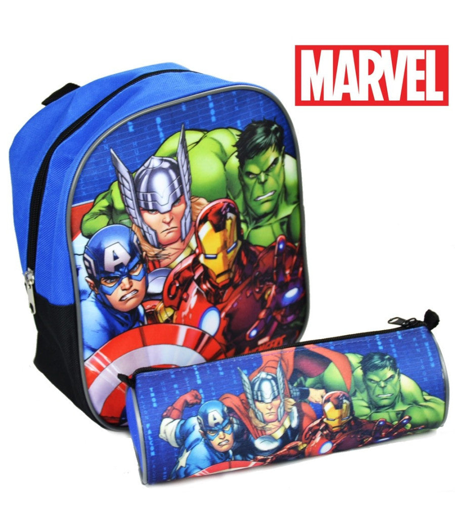 Zaino Zainetto Asilo Marvel Avengers + Astuccio Tombolino Kit Scuola         