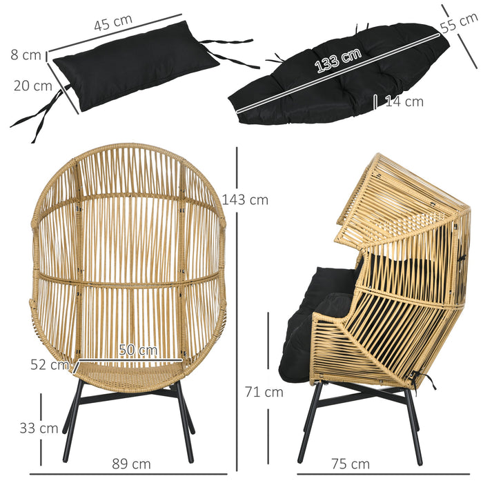 Poltrona da Giardino a Uovo con Poggiatesta e Cuscini per Seduta 89x75x143 cm in Rattan e Acciaio Sabbia e Nero