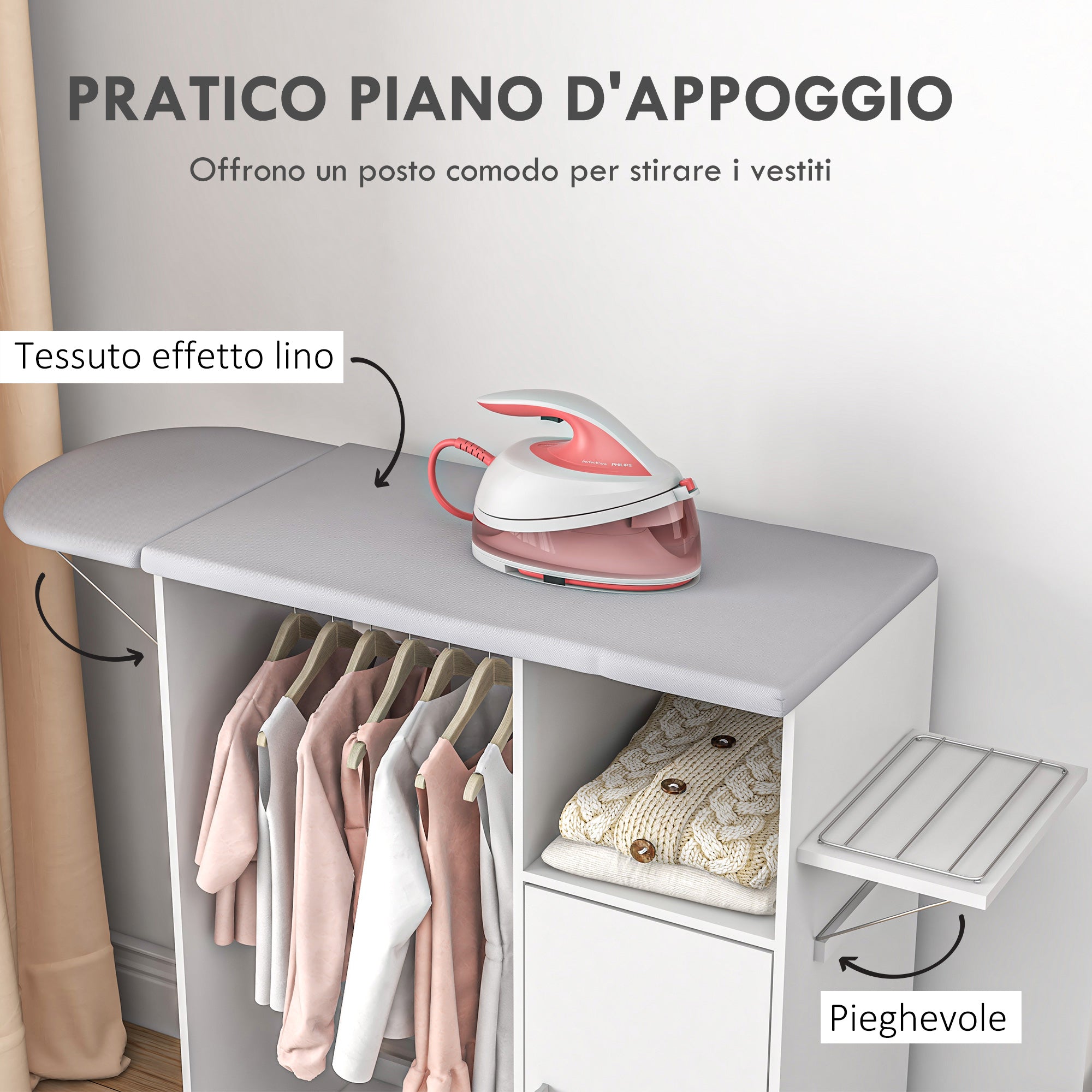 Asse da Stiro con Mobile 107x42,5x99 cm con Piano d’Appoggio e 3 Ripiani Bianco