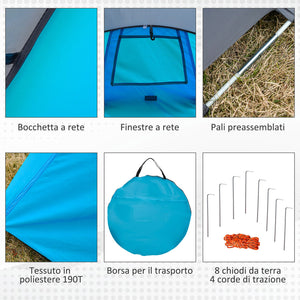 Tenda da Campeggio a Cupola con 2 Finestre e Design Pop-Up a Igloo 220x108x110 cm in Poliestere Blu