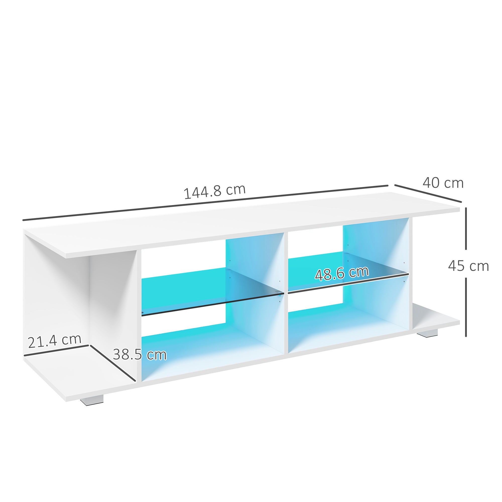 Mobile TV 60" con Luci a 12 Colori e 2 Ripiani Regolabili 144,8x40x45 cm in Truciolato e Vetro Bianco