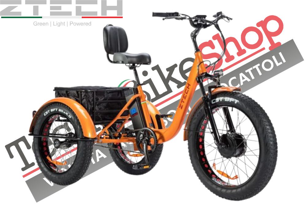 Triciclo Bicicletta Elettrica Z-TECH ZT-80-A "FAT TRIKE " 3 Ruote 24"/20" 250W 13 Ah 48V Batteria Litio -Arancione