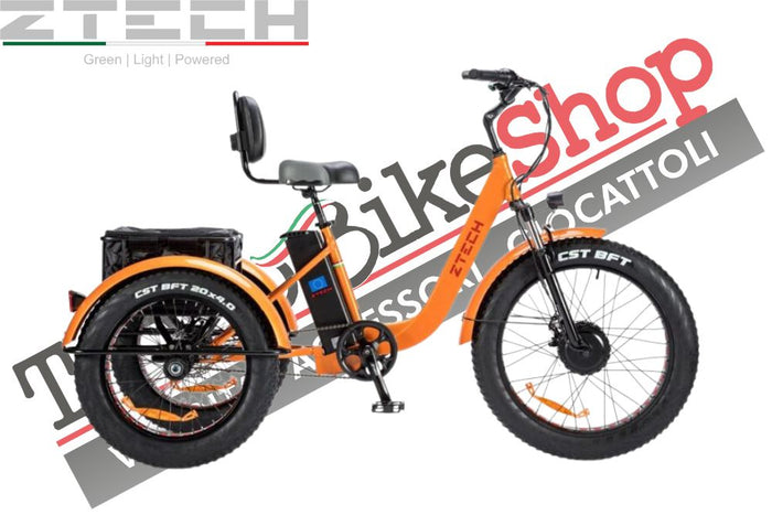 Triciclo Bicicletta Elettrica Z-TECH ZT-80-A "FAT TRIKE " 3 Ruote 24"/20" 250W 13 Ah 48V Batteria Litio -Arancione