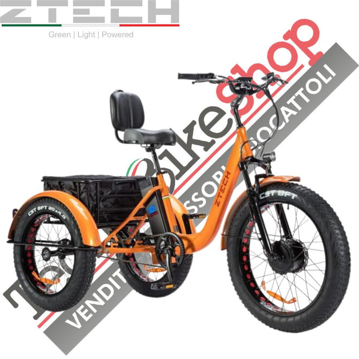 Triciclo Bicicletta Elettrica Z-TECH ZT-80-A "FAT TRIKE " 3 Ruote 24"/20" 250W 13 Ah 48V Batteria Litio -Arancione