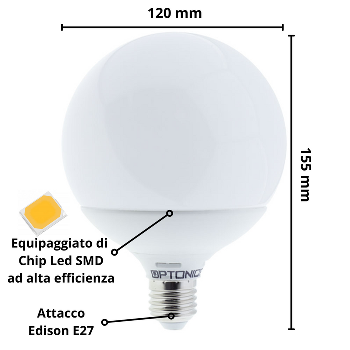 Lampadina led globo e27 18 watt equivalente 108 watt risparmio energetico temperatura 6000k 