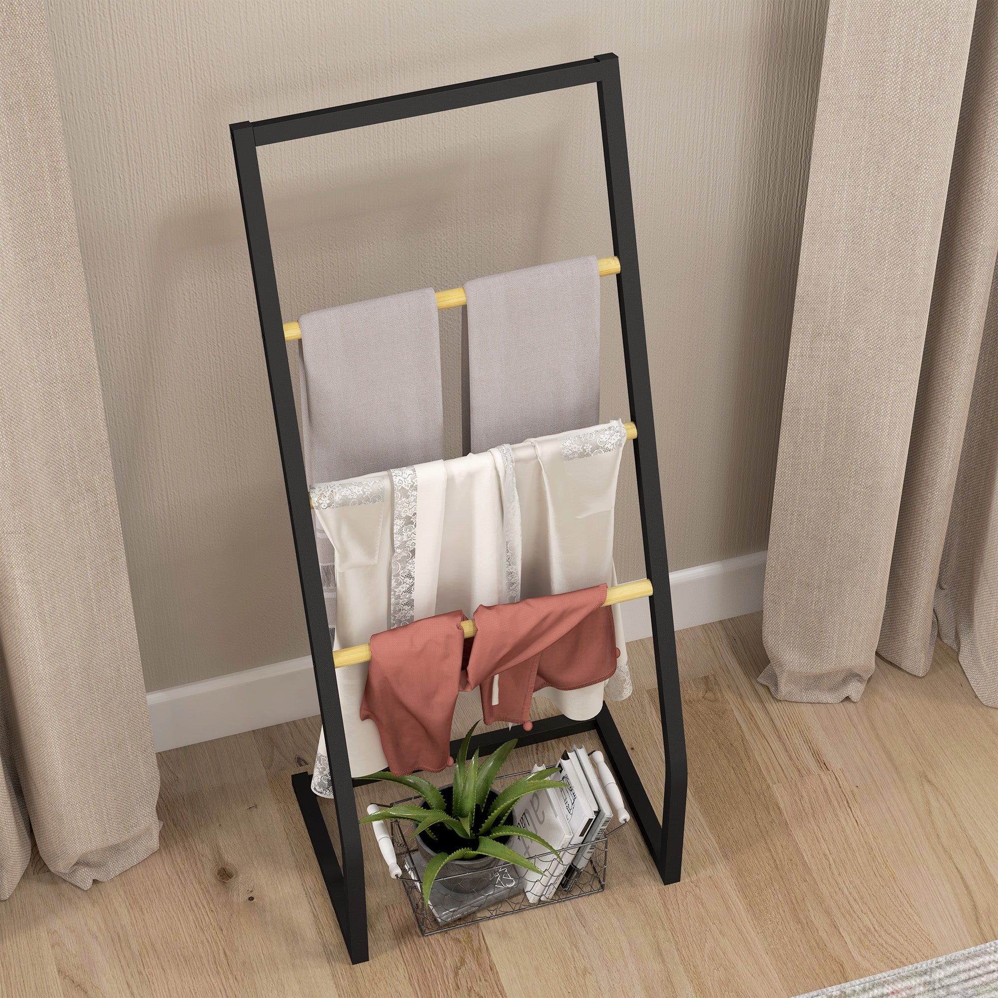 Piantana Portasciugamani da Bagno da Terra 4 Sbarre 40,5x28x98cm in Bambù e Acciaio Nero